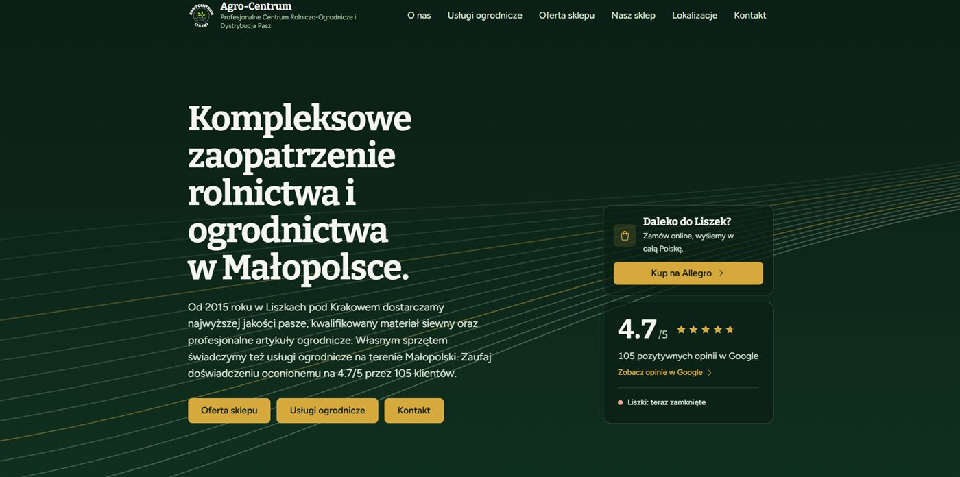 Strona główna Agro-Centrum: ciemnozielone tło, nagłówek o zaopatrzeniu rolnictwa i ogrodnictwa, karta z oceną 4,7 w Google i przycisk zakupu na Allegro